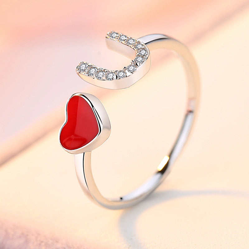 U-shape Zircon with Red Heart Silver Ring