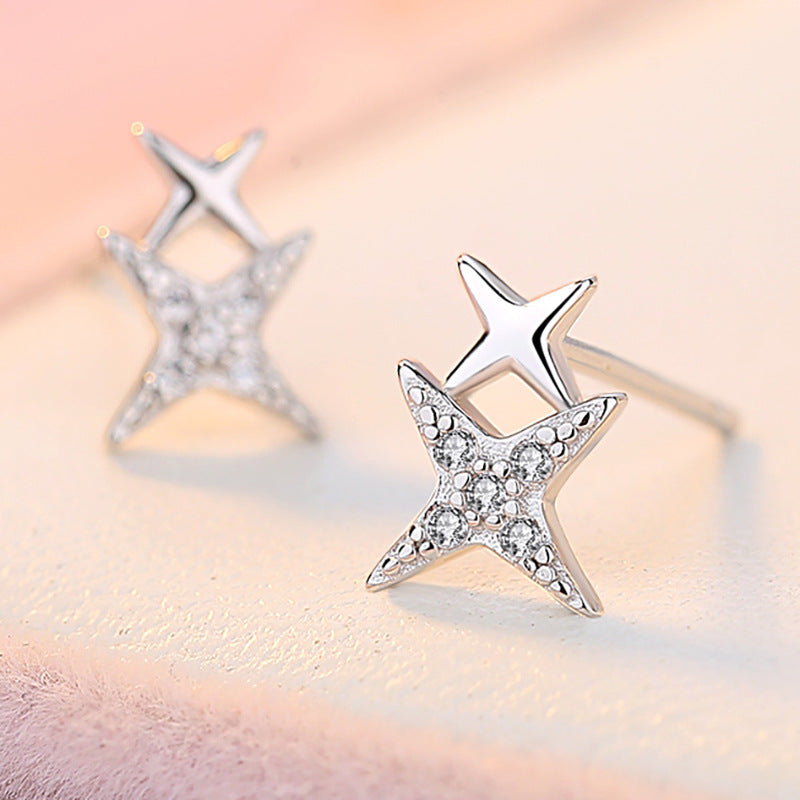 Double Cross Star Silver Studs Earrings for Women