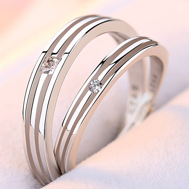 Stripe with Zircon Silver Couple Ring