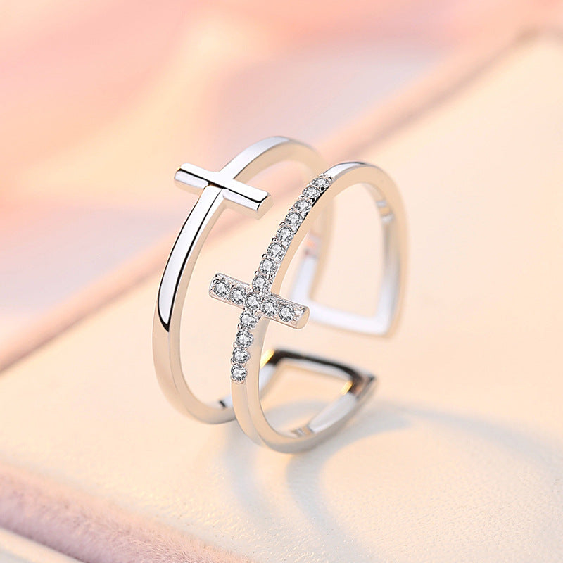 Double Cross with Zircon Silver Split Ring for Women