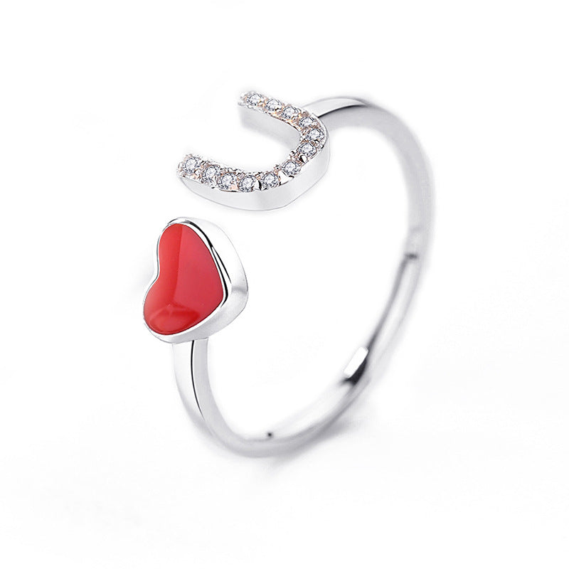 U-shape Zircon with Red Heart Silver Ring for Women