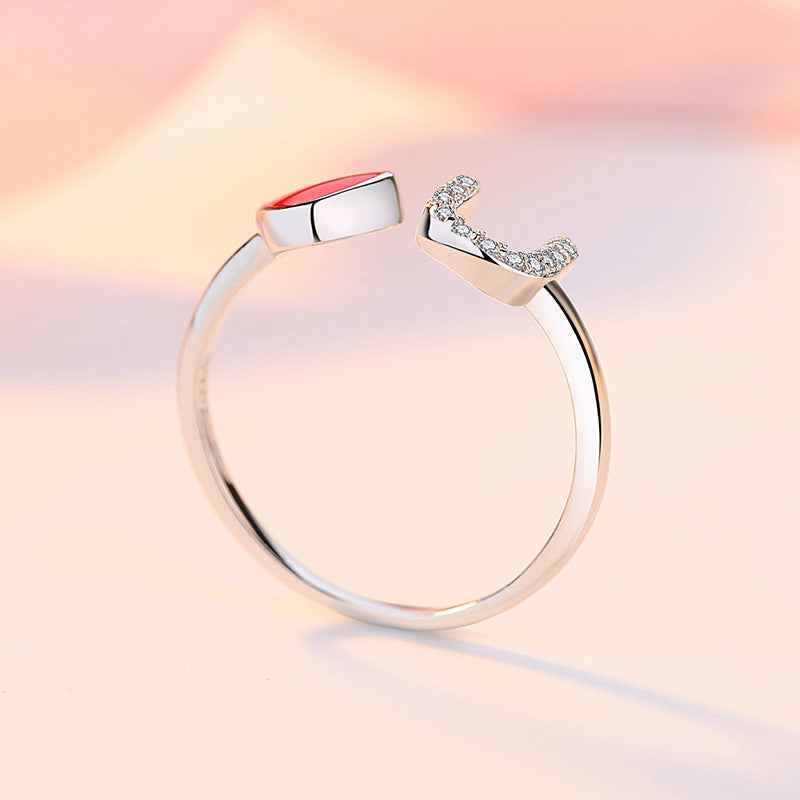 U-shape Zircon with Red Heart Silver Ring for Women