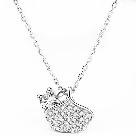 Zircon Ginkgo Leaf Silver Necklace for Women