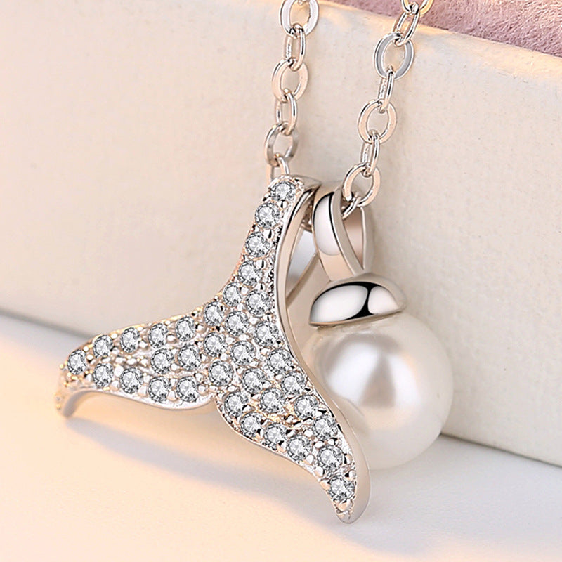 Zircon Mermaid Tail with Pearl Silver Necklace for Women