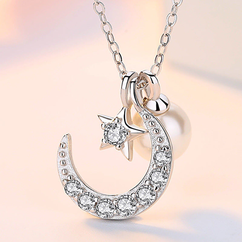 Zircon Star Moon with Pearl Silver Necklace for Women