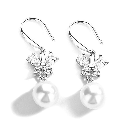 Zircon Butterfly with Pearl Pendant Silver Drop Earrings for Women