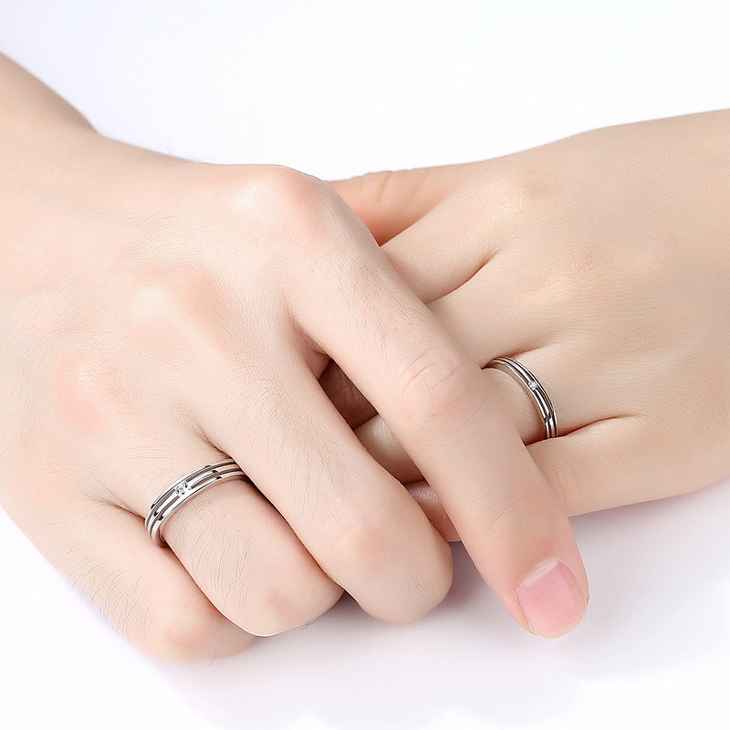 Stripe with Zircon Silver Couple Ring for Women