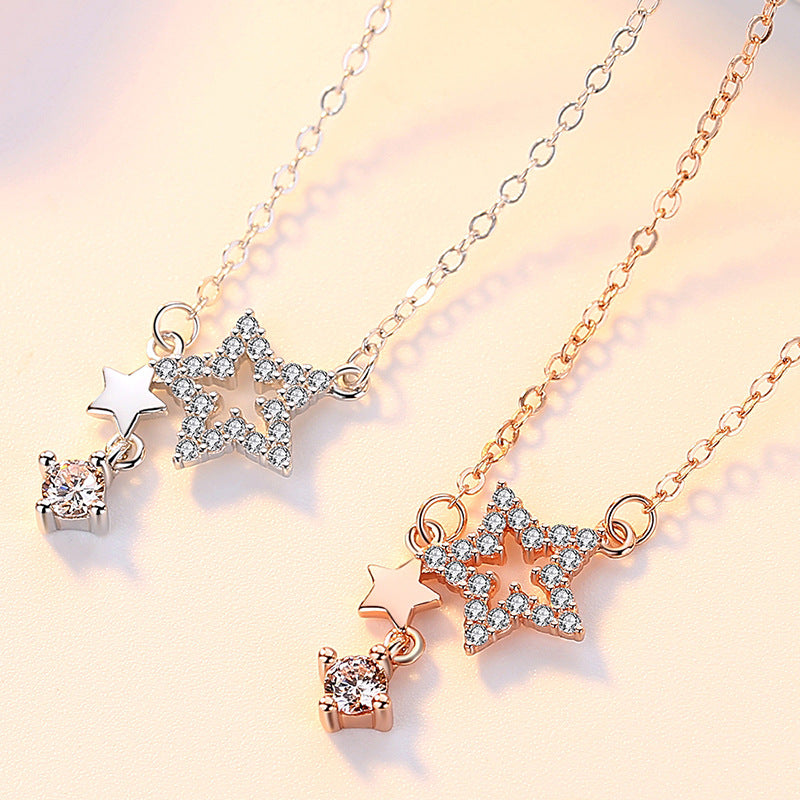 Twin-star with Zircon Silver Necklace for Women