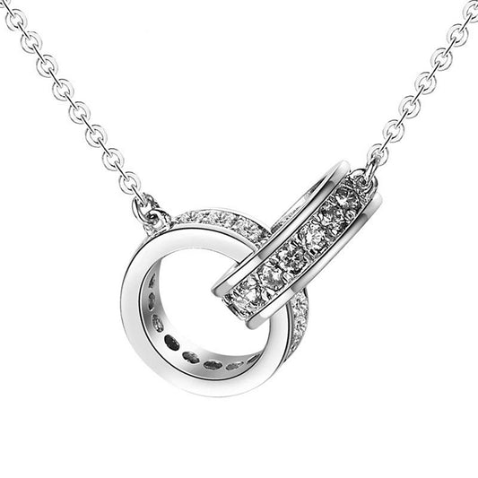 Two Circle Buckle with Zircon Silver Necklace for Women