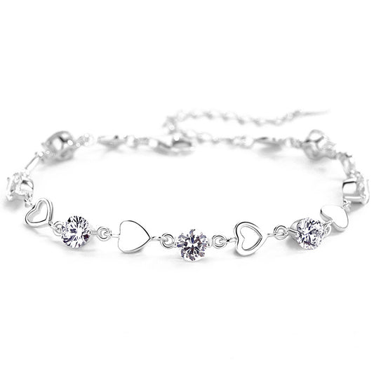 Smooth Heart with Round Zircon Silver Bracelet for Women