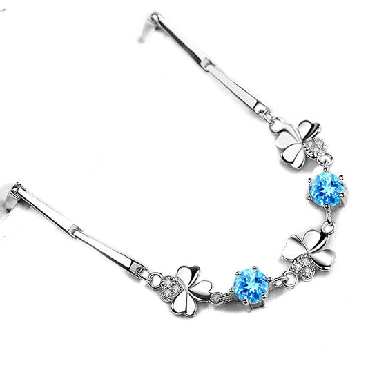 Four-leaf Clover with Blue Zircon Silver Bracelet for Women