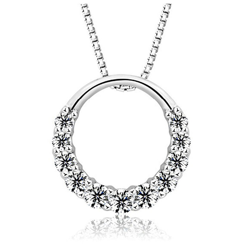 Half Zircon Circle Pendant Silver Necklace for Women