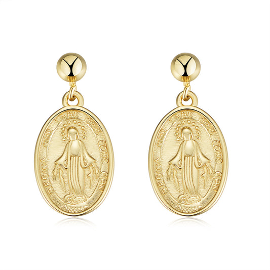 Oval Virgin Mary Relief Silver Drop Earrings for Women