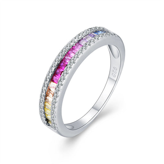 Colourful Zircon Plated Platinum Eternity Silver Ring for Women