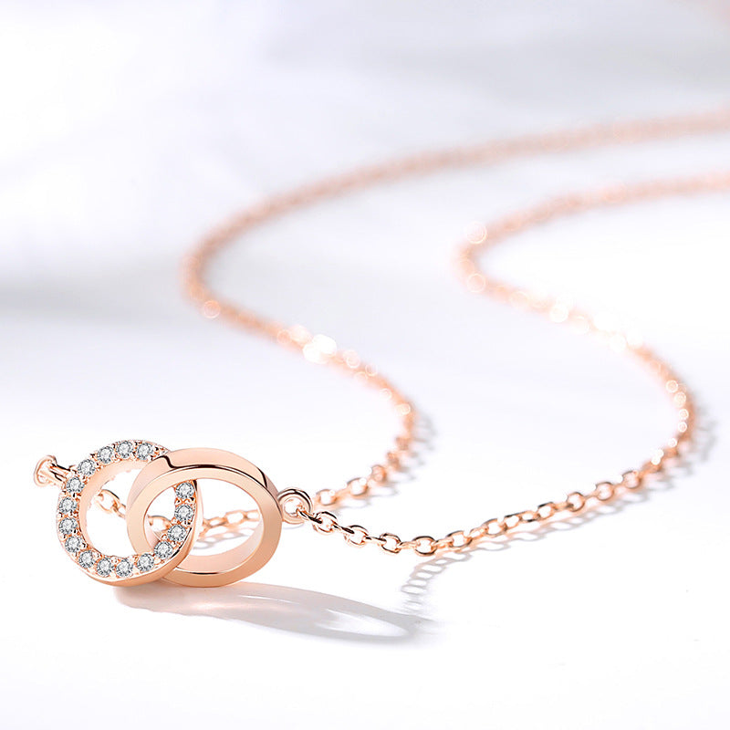 Double Circle Buckle with Zircon Pendant Silver Necklace for Women