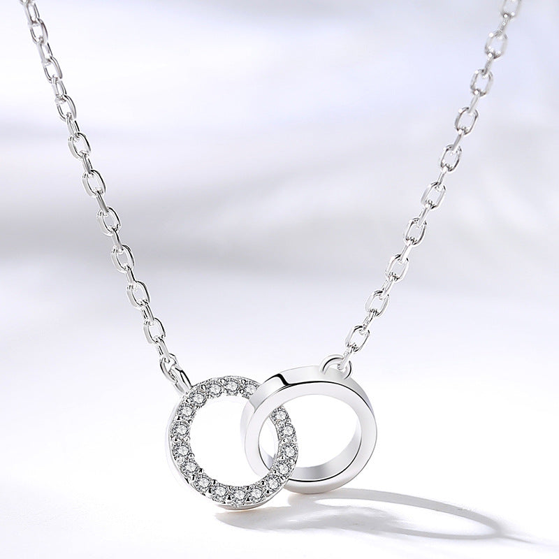 Double Circle Buckle with Zircon Pendant Silver Necklace for Women