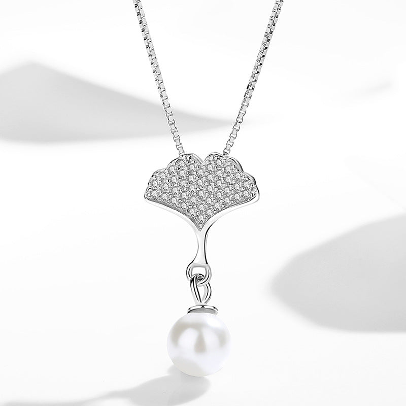Zircon Ginkgo Leaf with Pearl Silver Necklace for Women