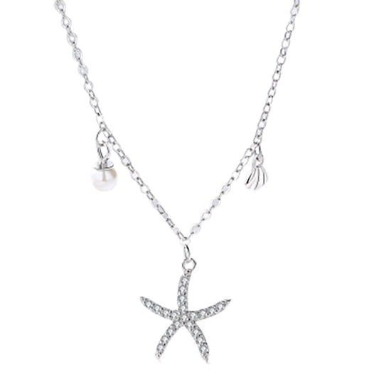 Zircon Starfish Shell with Pearl Silver Silver Necklace for Women