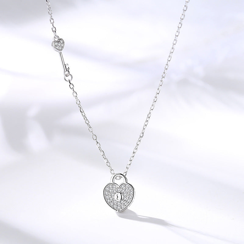 Valentine's Day Gift Zircon Lock with Key Silver Necklace for Women