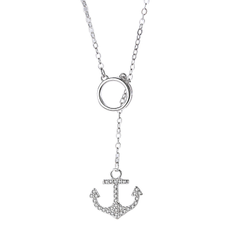 Zircon Ship Anchor Silver Necklace for Women