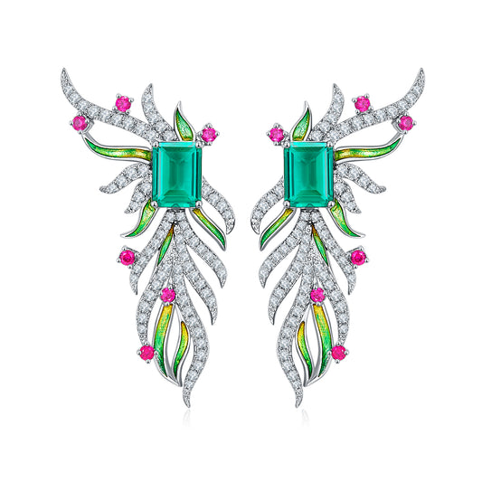 Emerald Colour Phoenix Wings Enamel Silver Drop Earrings for Women