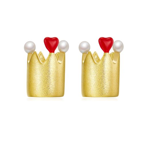 Golden Little Crown Enamel with Pearl Studs Earrings for Women