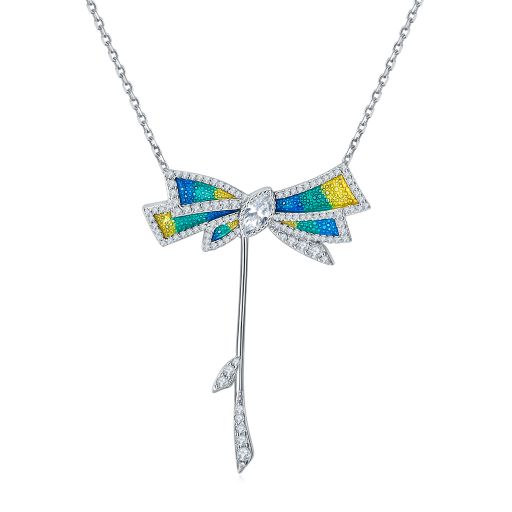 Enamel Bowknot Pendant Silver Necklace for Women