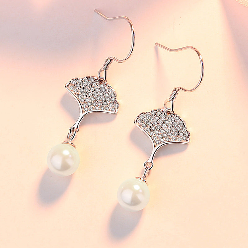 Ginkgo with Pearl Silver Drop Earrings for Women
