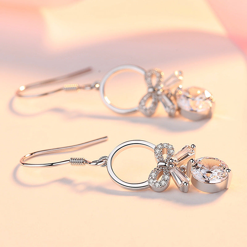 Circle with Bowknot Round Zircon Silver Drop Earrings for Women
