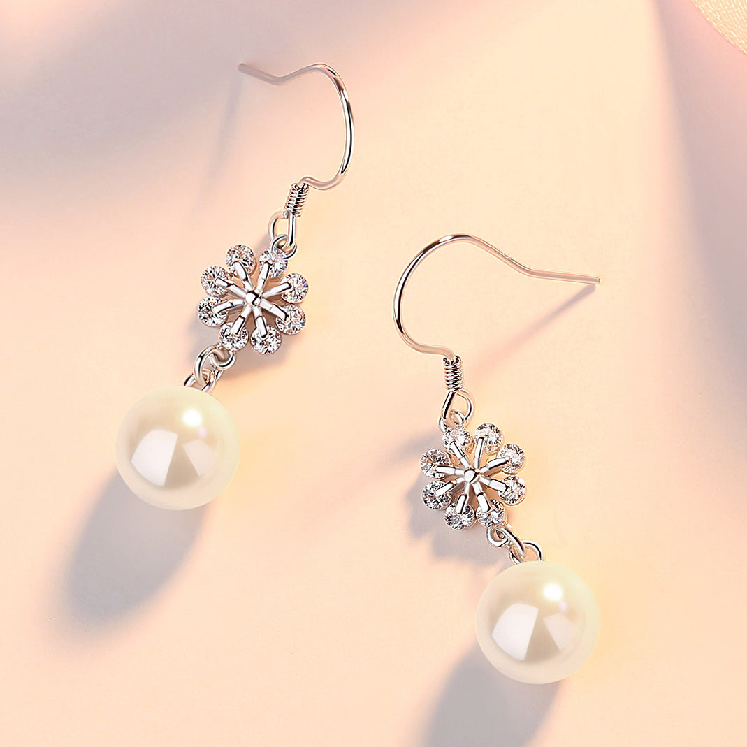 Snowflake with Pearl Pendant Silver Drop Earrings for Women