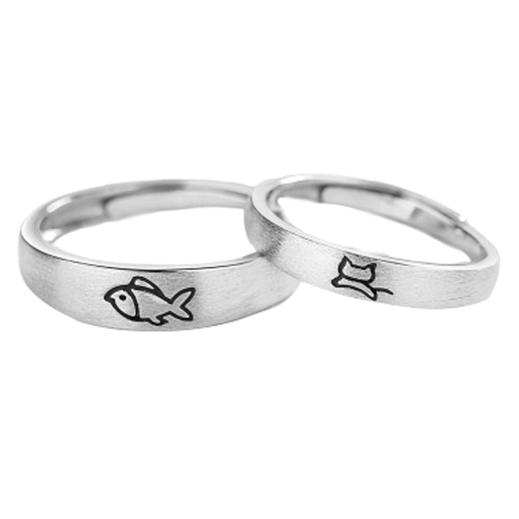 Cat and Fish Silver Couple Ring for Women