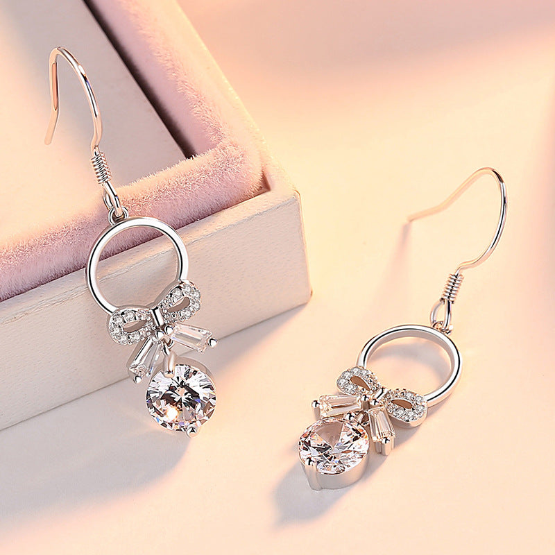 Circle with Bowknot Round Zircon Silver Drop Earrings for Women