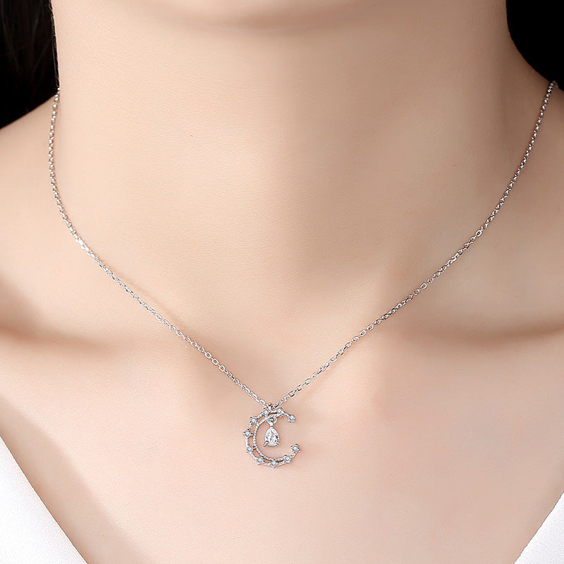 Crescent Moon with Zircon Pendant Silver Necklace for Women