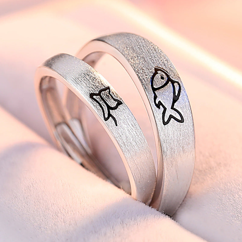 Cat and Fish Silver Couple Ring for Women