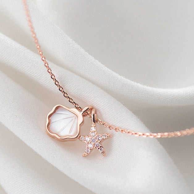 Mother of Pearl Shell with Zircon Starfish Silver Necklace for Women
