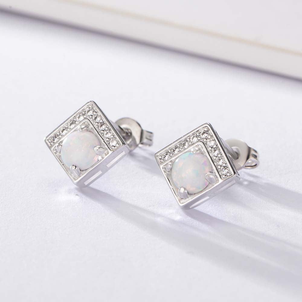 Opal Jewelry with Zircon Square Silver Studs Earrings for Women