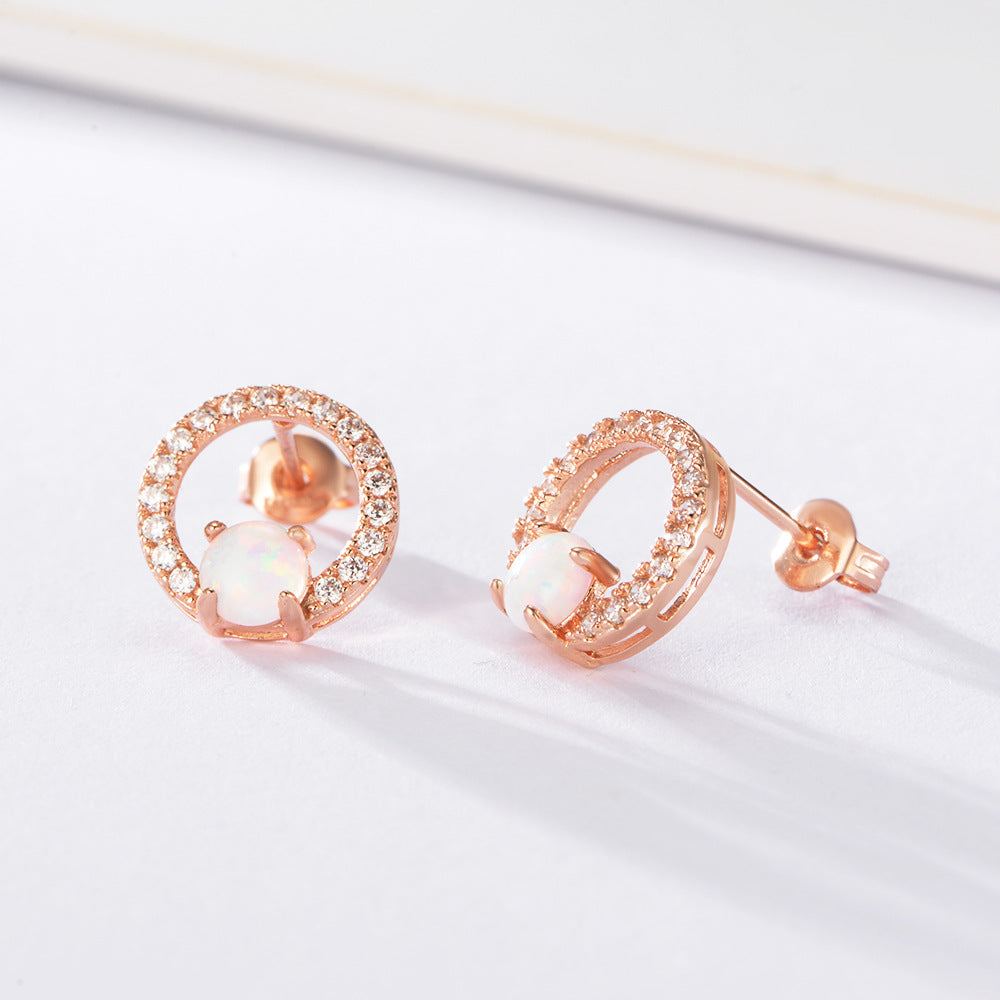 Four Prongs Opal Jewelry with Zircon Circle Silver Studs Earrings for Women