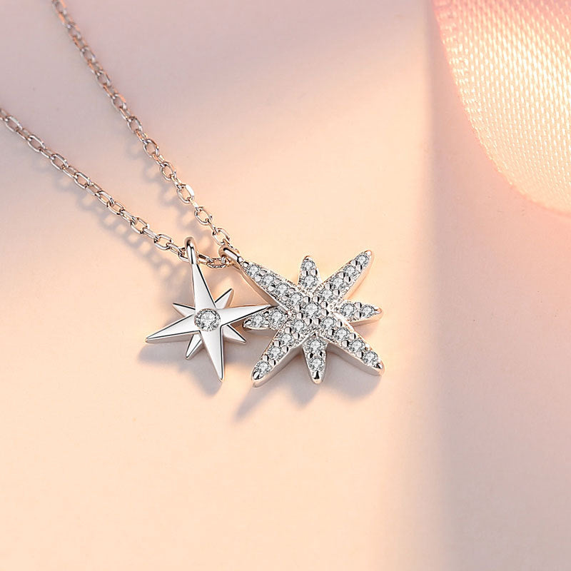 Octagonal Star with Zircon Pendant Silver Necklace for Women