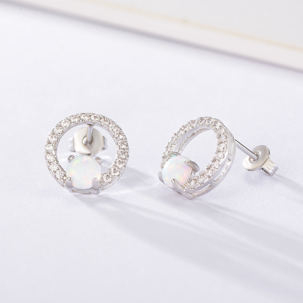 Four Prongs Opal Jewelry with Zircon Circle Silver Studs Earrings for Women
