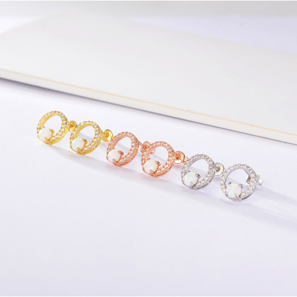 Four Prongs Opal Jewelry with Zircon Circle Silver Studs Earrings for Women