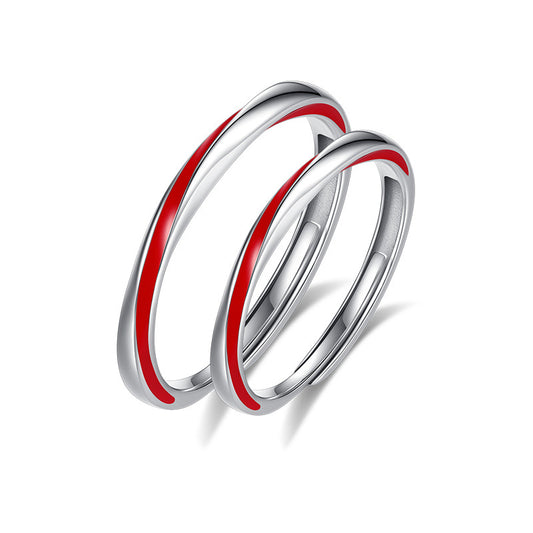 Red Enamel Silver Couple Ring