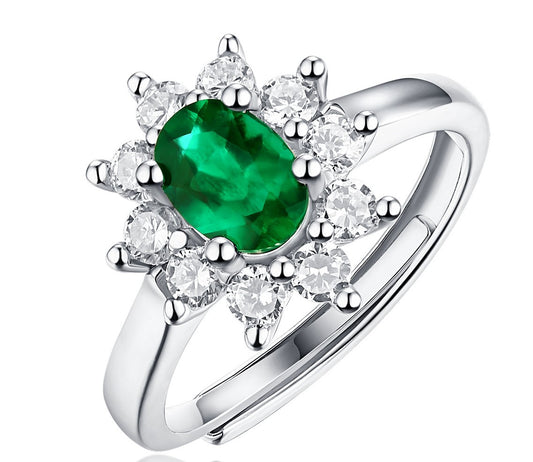 Lab-Created Emerald Oval Ice Cut Annular Petals Adjustable Open-ended Silver Ring for Women