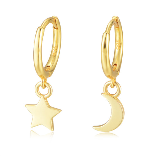 Asymmetric Star and Moon Pendant Silver Hoop Earrings for Women