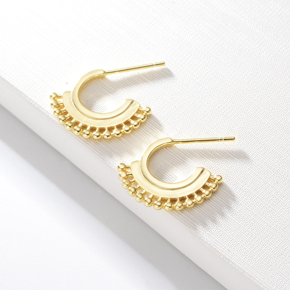 C-shaped Small Round Beads Silver Studs Earrings for Women