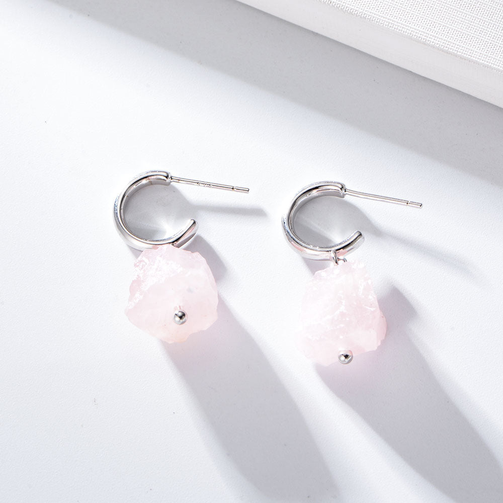 Irregular Natural Pink Crystal Silver Drop Earrings for Women