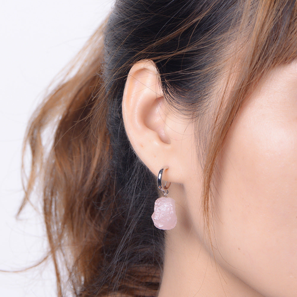 Irregular Natural Pink Crystal Silver Drop Earrings for Women