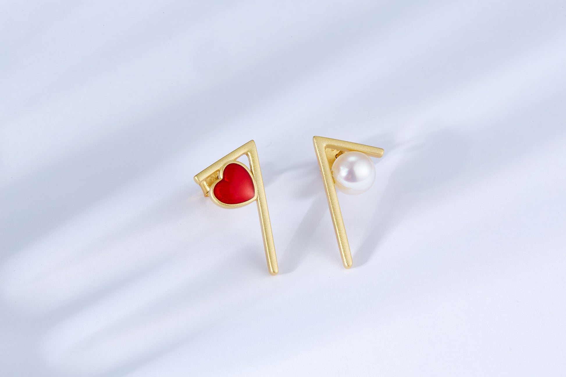 Red&Golden Corner Enamel with Pearl Studs Earrings for Women