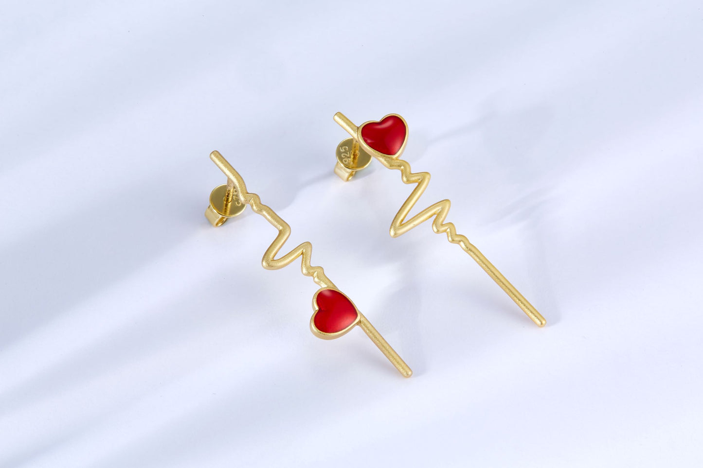 Red&Golden Heartbeat Enamel Drop Earrings for Women