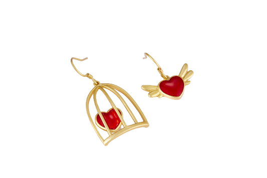 Red&Golden Flying Heart and Cage Enamel Drop Earrings for Women