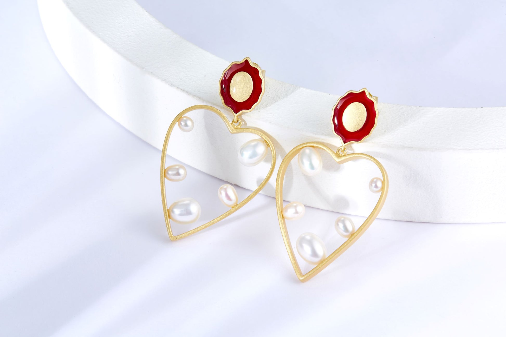 Red&Golden Big Heart Enamel with Pearl Drop Earrings for Women